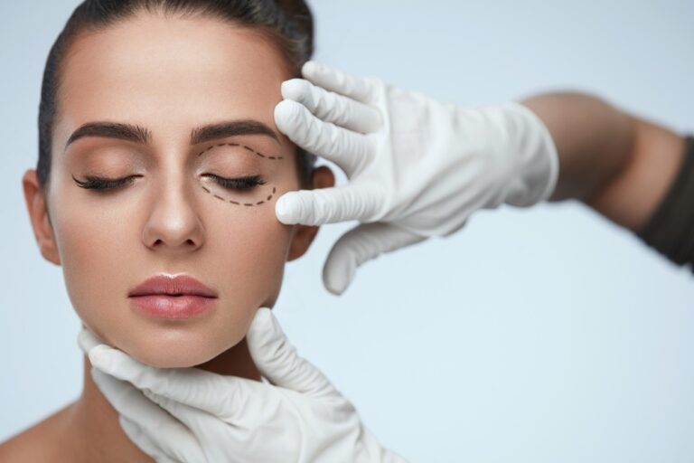 a photo of a woman's face about to get eyelid surgery